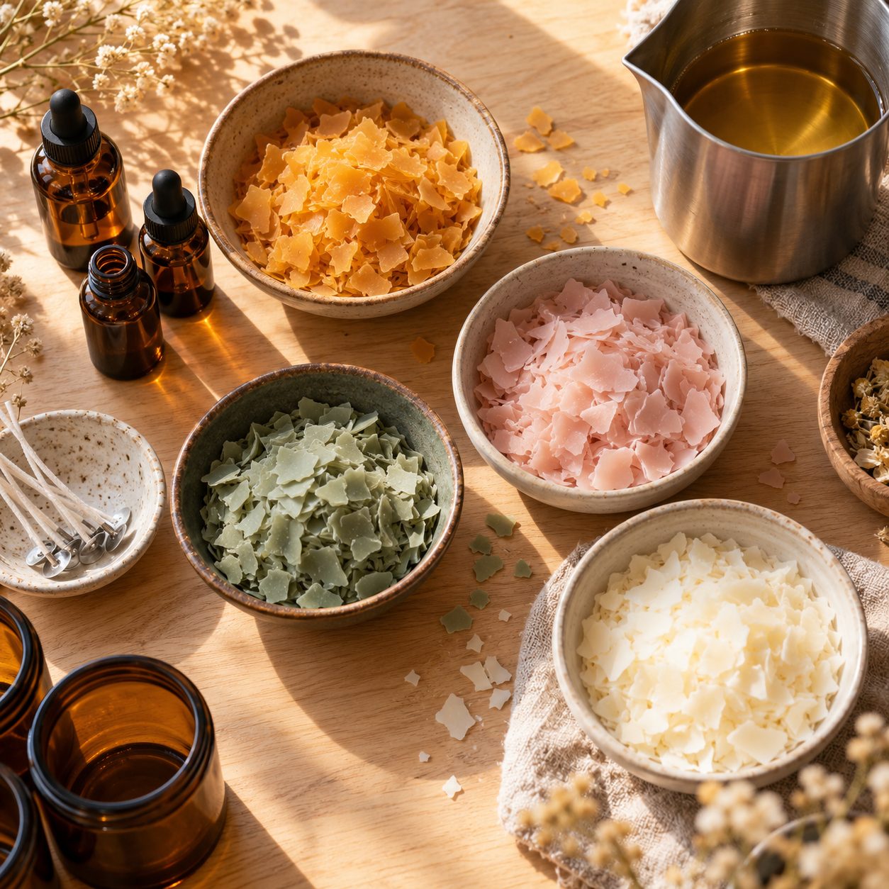 Bowls of colored wax flakes, small fragrance bottles and candle wicks on a wooden workbench