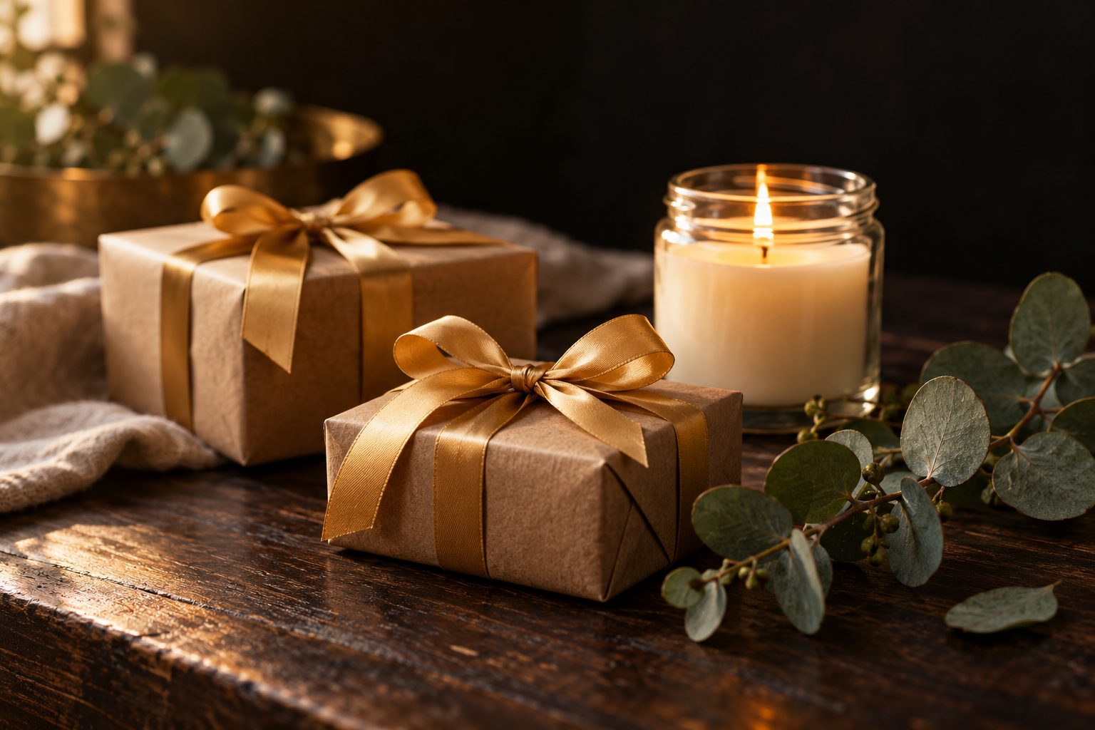 Two gifts wrapped in kraft paper with gold satin ribbon beside a lit candle